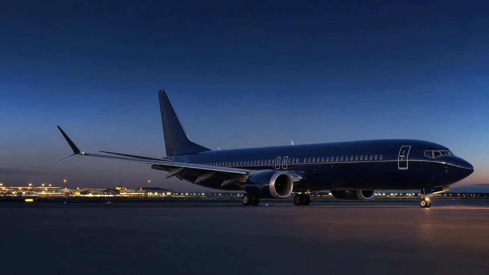 Boeing 737 MAX 9 narrowbody aircraft taxiing at a modern airport during blue hour