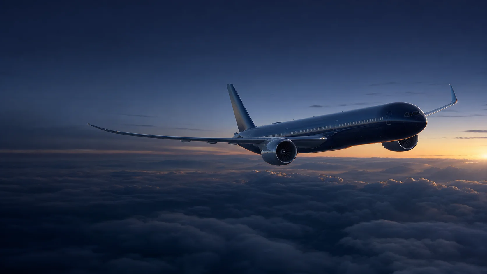 Boeing 777X widebody aircraft flying above clouds at dawn