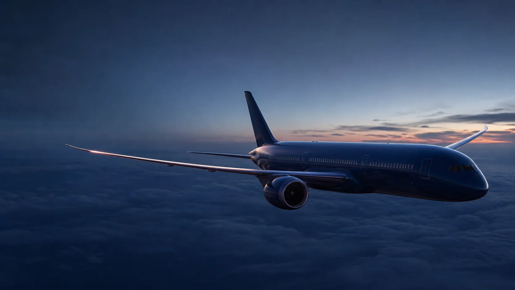 Boeing 787-9 widebody aircraft flying above clouds at blue hour