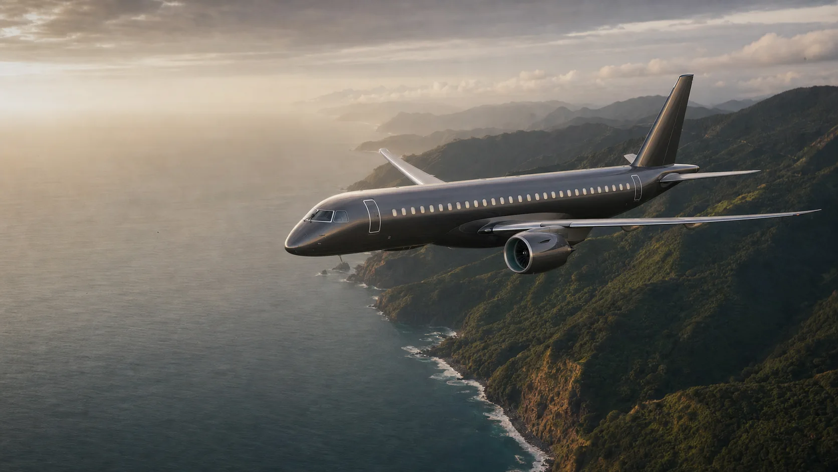 Embraer E195-E2 regional jet flying above a coastline and mountains